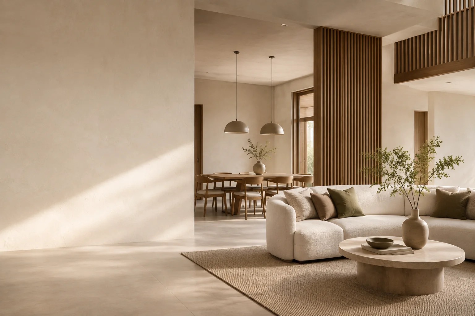 ภาพบรรยากาศห้องนั่งเล่นและพื้นที่รับประทานอาหารโทนอุ่นสำหรับ Imperial Decor