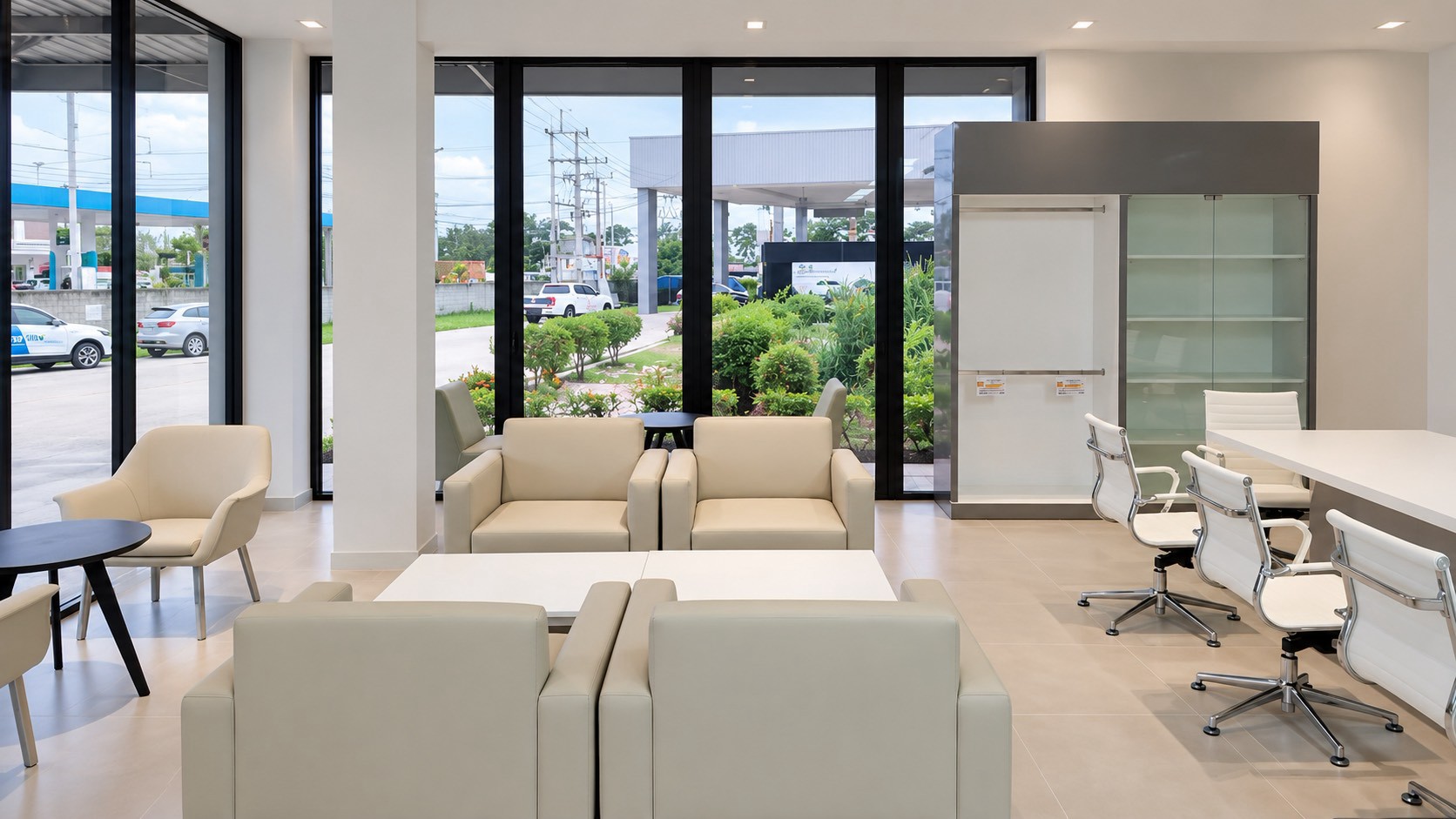 พื้นที่รับรองลูกค้าพร้อมอาร์มแชร์โทนครีมและเก้าอี้สำนักงานสีขาว MG Showroom